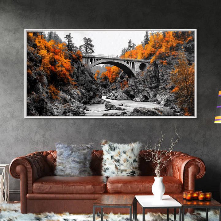 Autumn Bridge, River Gorge, Rustic Nature, Fall Trees, Framed Canvas Print, Cabin Wall Art, Seasonal Decor, Scenic Travel Landscape