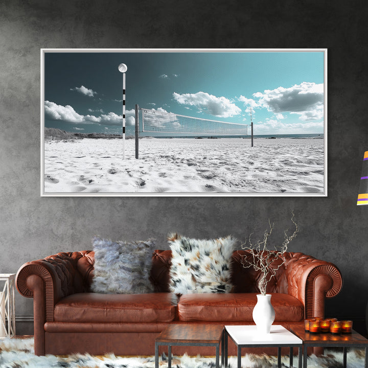 Beach Volleyball, Summer Sport, Minimalist Beach Scene, Sky Art, Framed Canvas Print, Game Room Wall Art, Coastal Modern Decor