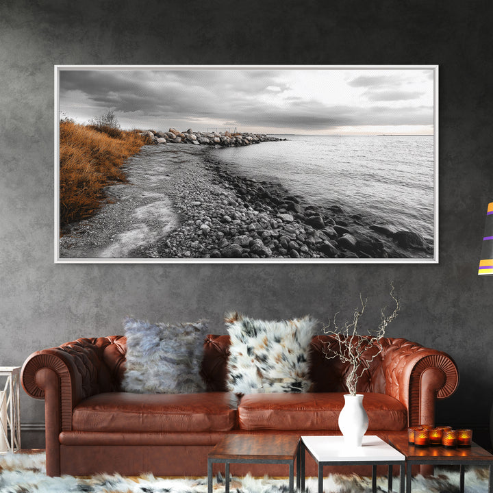 Coastal Path, Stormy Shore, Serene View, Monochrome Mood, Framed Canvas Print, Beach Wall Art, Peaceful Nature, Seaside Photography Decor