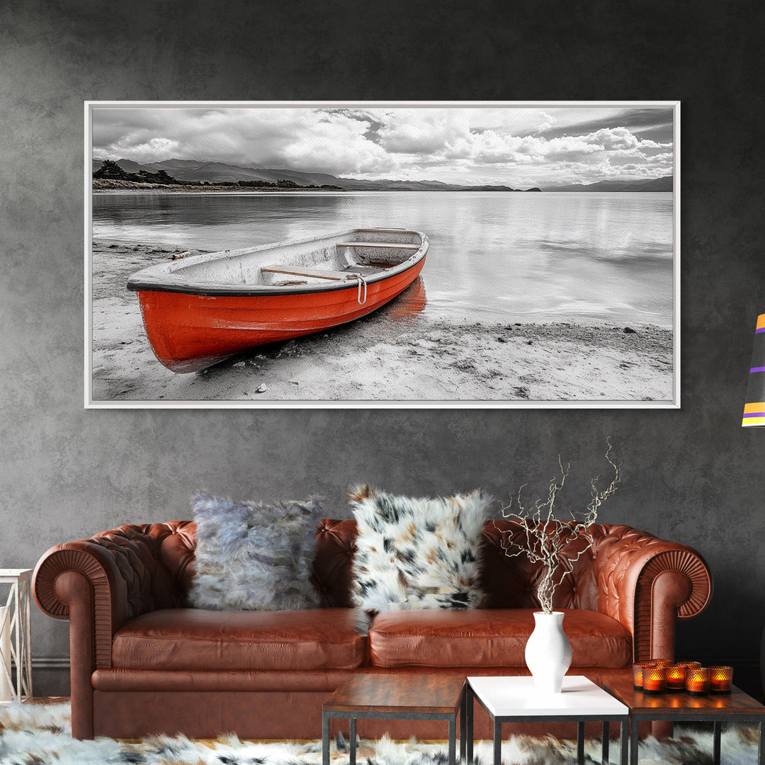 Beached Boat, Calm Waters, Cloudy Horizon, Serene Coastline, Framed Canvas Print, Coastal Wall Art, Minimalist Home Decor, Beach House