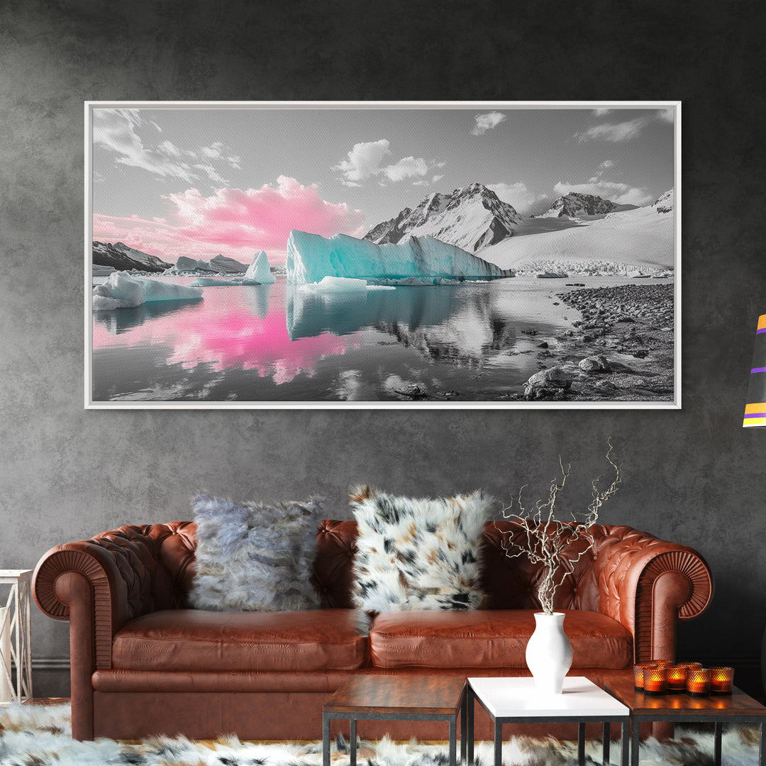 Blue Icebergs, Pink Sky, Glacial Lake, Arctic Dreamscape – Canvas Print, Nature Photography Art, Bedroom Wall Art, Serene Winter Decor
