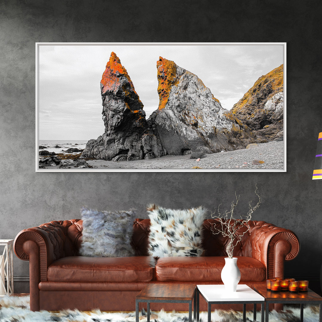 Rocky Cliffs, Orange Moss, Ocean Landscape, Coastal Vibe – Framed Canvas Print, Nature Wall Art, Fall Inspired Decor, Bathroom or Hallway