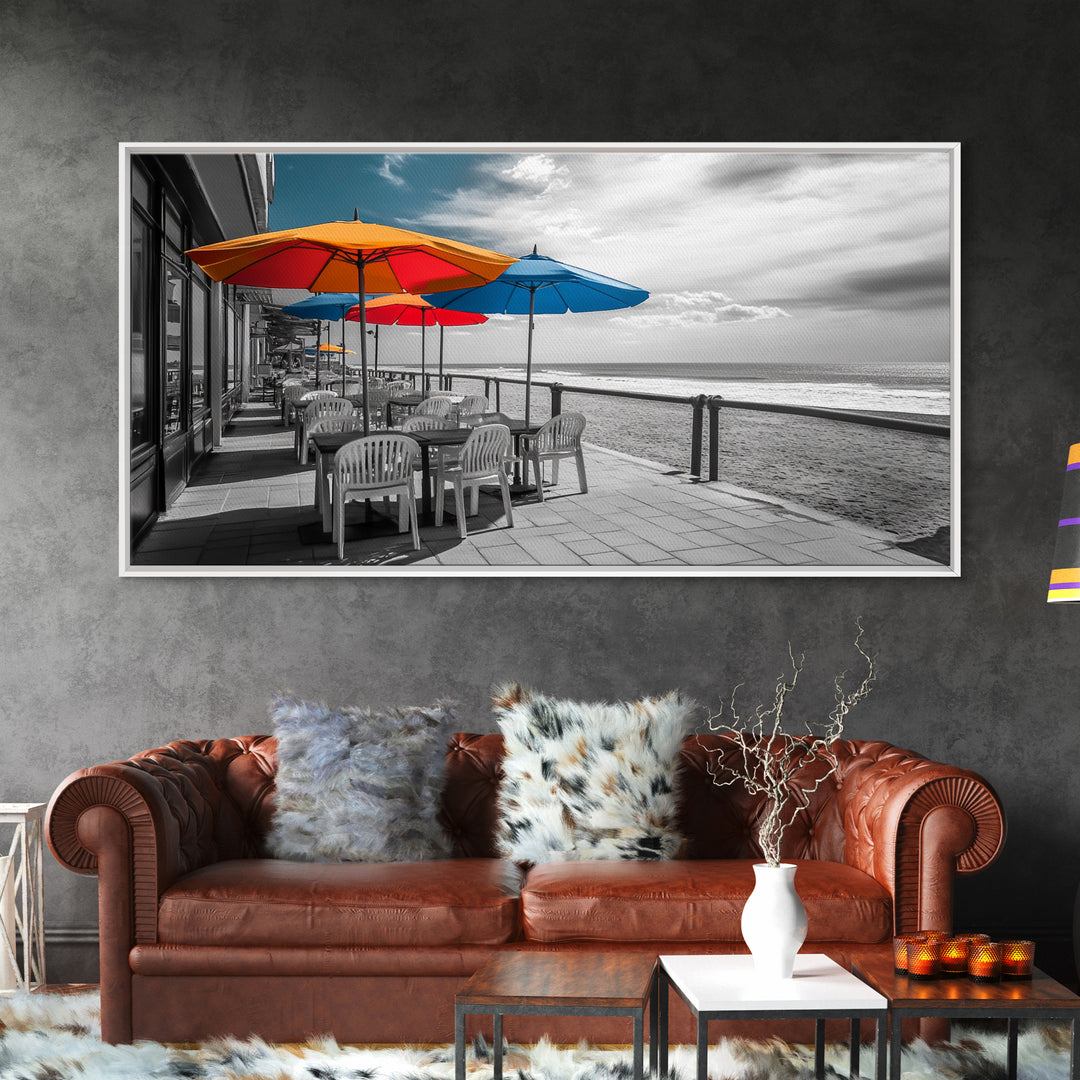 Ocean Café, Coastal Dining, Bright Umbrellas, Seaside View, Framed Canvas Print, Kitchen Wall Art, Beachfront Vibe, Color Pop Style
