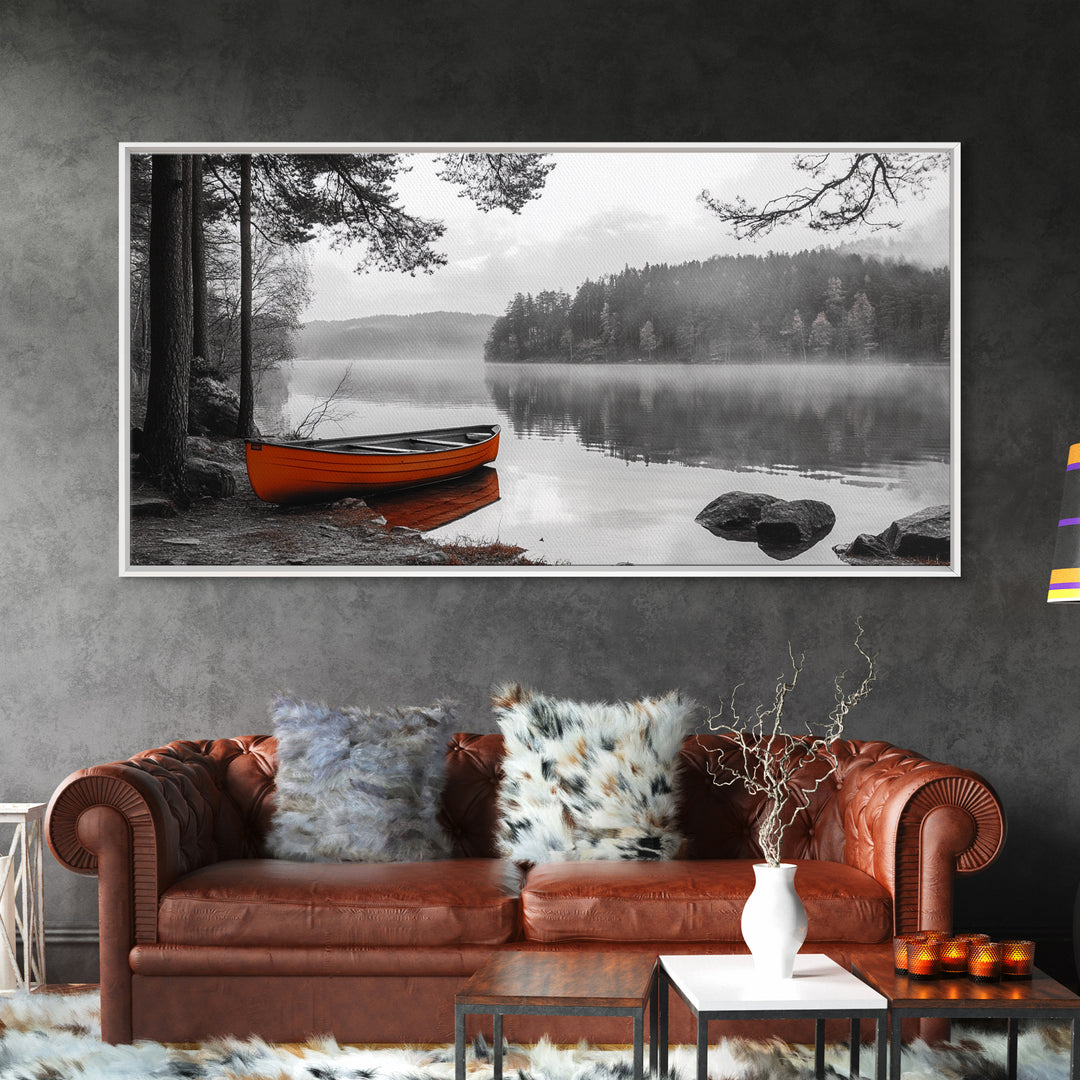 Misty Lake, Orange Boat, Forest Reflections, Foggy Calm – Canvas Print, Nature Wall Art, Fall Cabin Decor, Cozy Landscape Photography