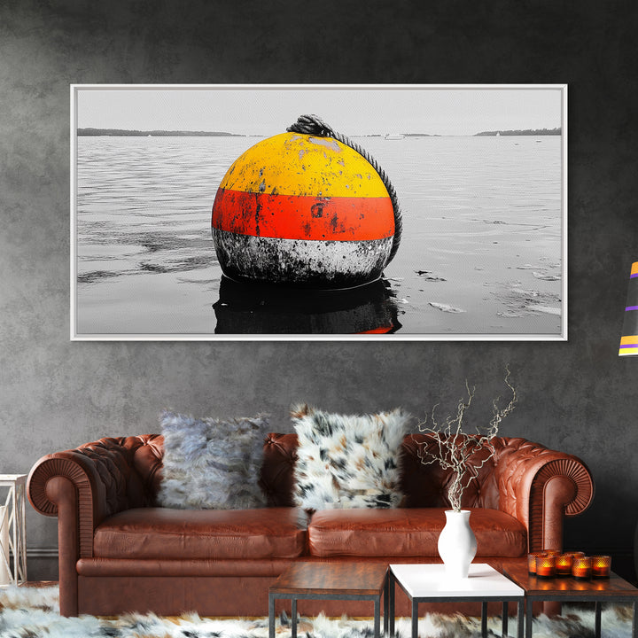 Buoy Pop, Marine Marker, Vibrant Sea, Nautical Life, Framed Canvas Print, Coastal Wall Art, Bathroom Decor, Bold Ocean Aesthetic