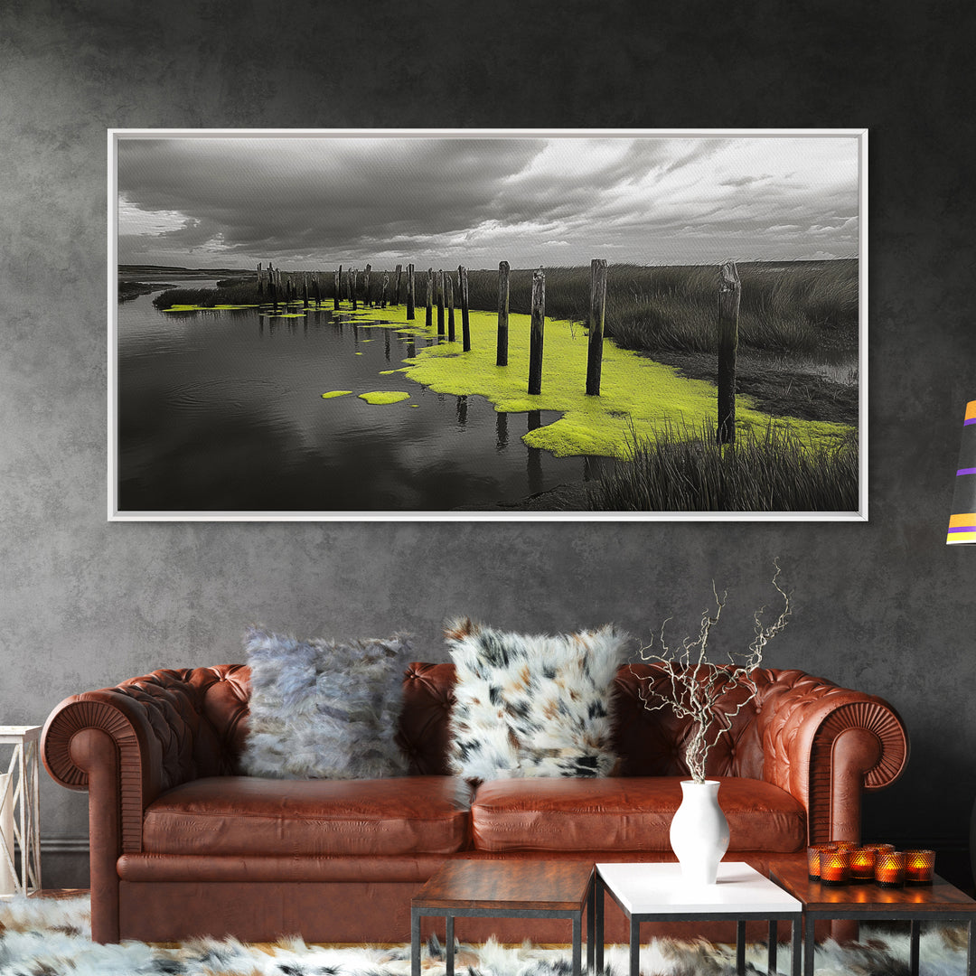 Coastal Marsh, Minimalist Nature, Black and White Art, Modern Decor, Framed Canvas Print, Bathroom Wall Art, Yellow Accents, Serene Mood