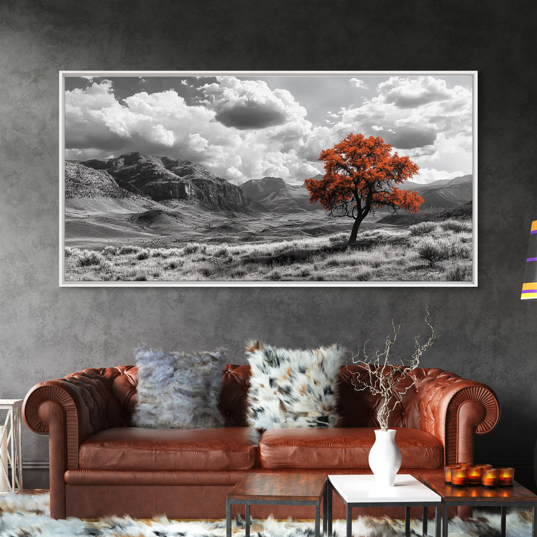 Autumn Tree Vista, Western Mountains Landscape, Vibrant Fall Decor, Dramatic Skies Canvas Print, Framed Canvas Print, Nature Wall Art