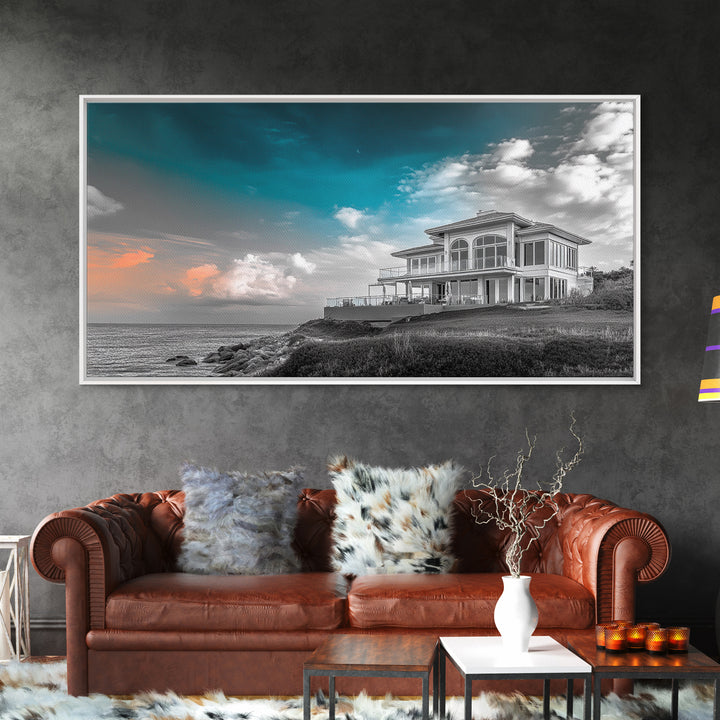 Beach House, Coastal Sunset, Ocean View, Framed Canvas Print, Modern Coastal Decor, Living Room Art, Ocean Sky Photography