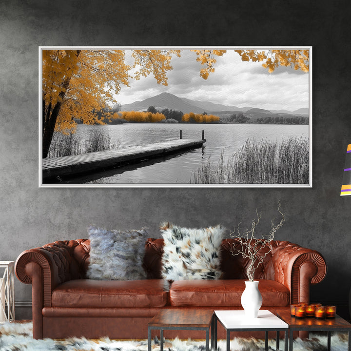 Autumn Lake, Golden Trees, Mountain Calm, Rustic Dock, Framed Canvas Print, Fall Living Room Art, Nature Landscape, Tranquil Cabin Decor