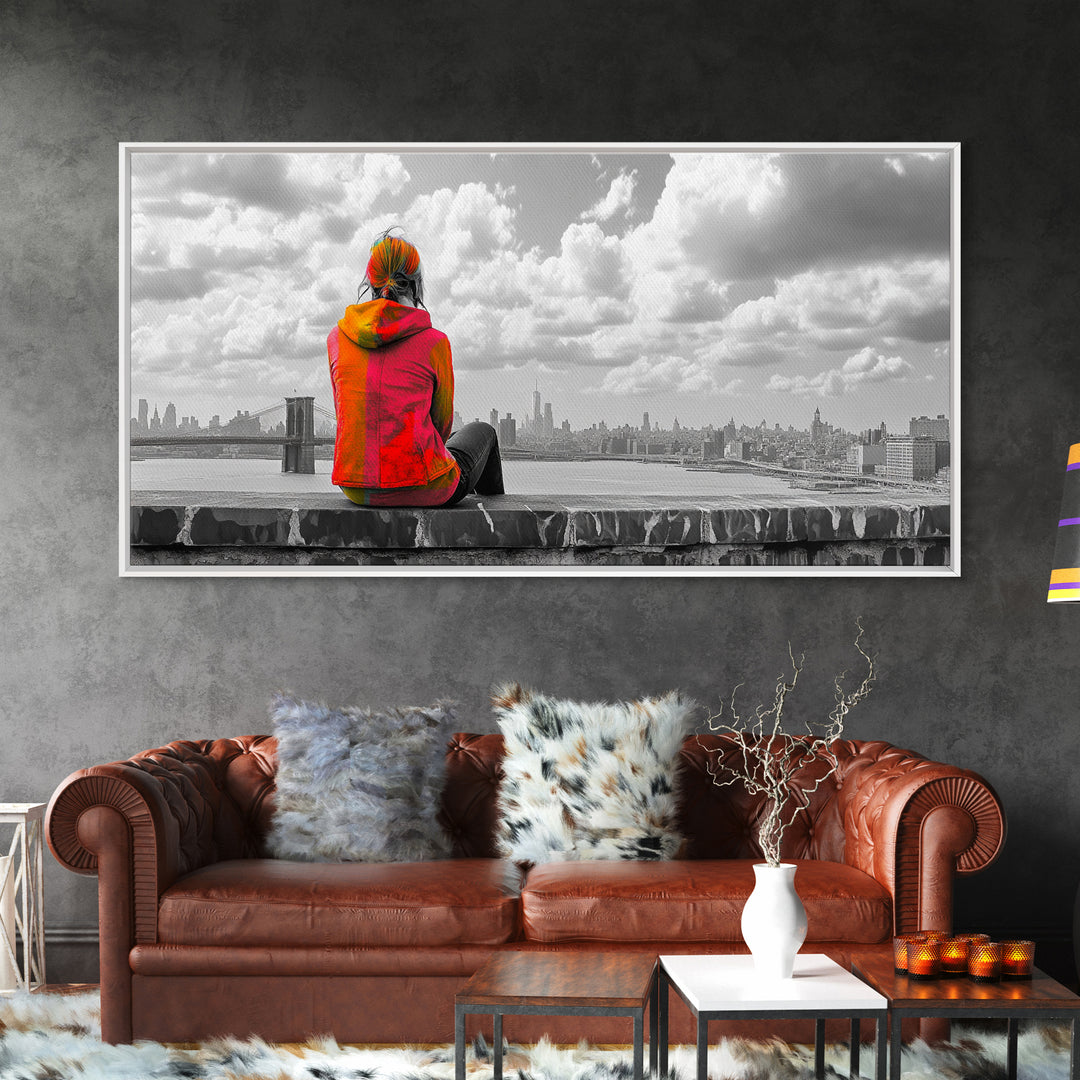 Rooftop View, Urban Woman, Brooklyn Bridge, Reflective Mood, Framed Canvas Print, Modern City Wall Art, Inspirational Office Decor