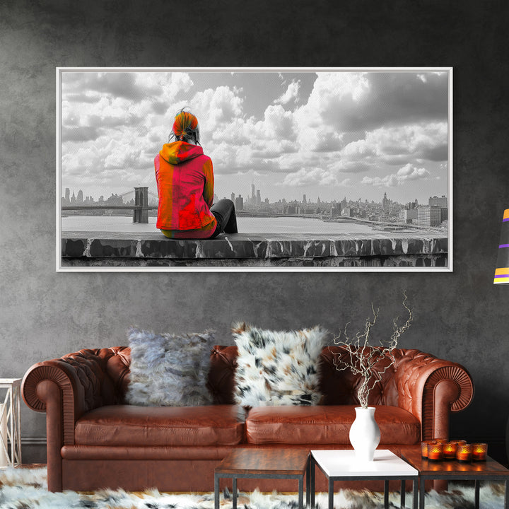 Rooftop View, Urban Woman, Brooklyn Bridge, Reflective Mood, Framed Canvas Print, Modern City Wall Art, Inspirational Office Decor