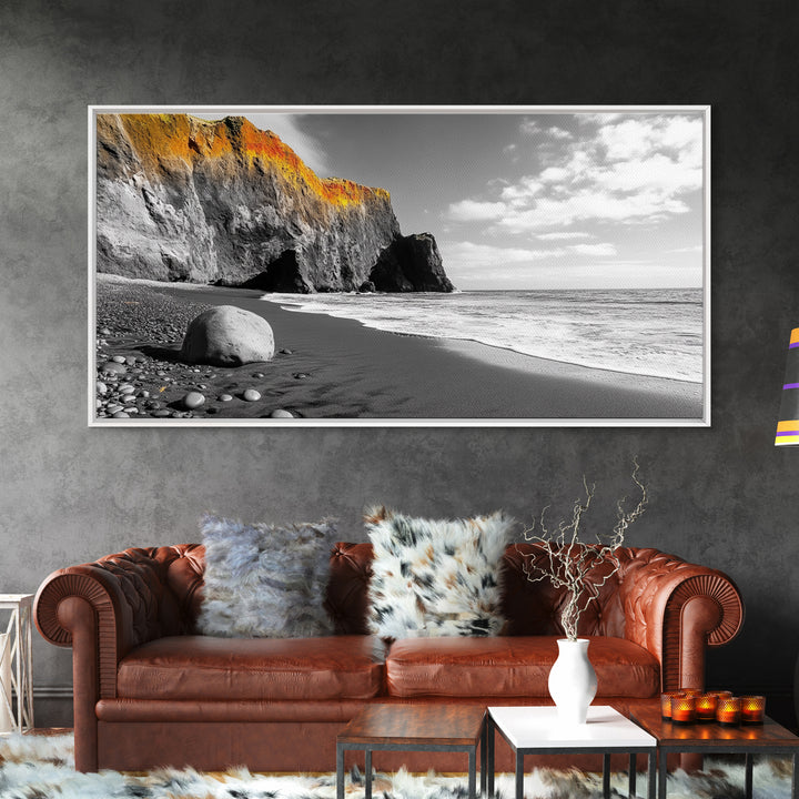 Coastal Cliff View, Monochrome Shore, Bold Nature Scene, Framed Canvas Print, Beach Wall Art, Dramatic Landscape, Modern Office Decor