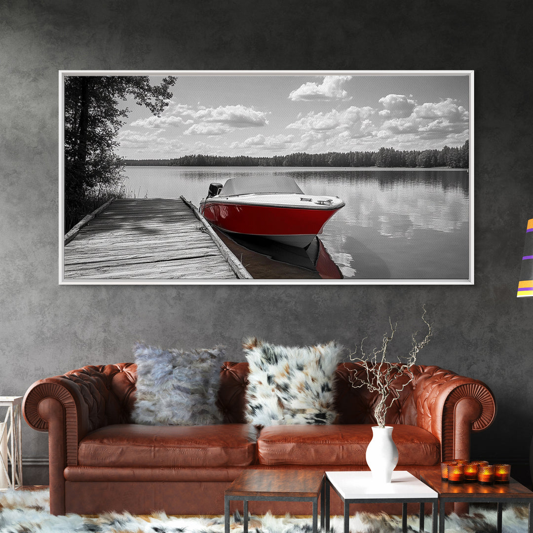 Rustic Boathouse, Red Canoe, Lake Reflection, Tranquil Nature, Framed Canvas Print, Cabin Wall Art, Autumn Lake House Decor