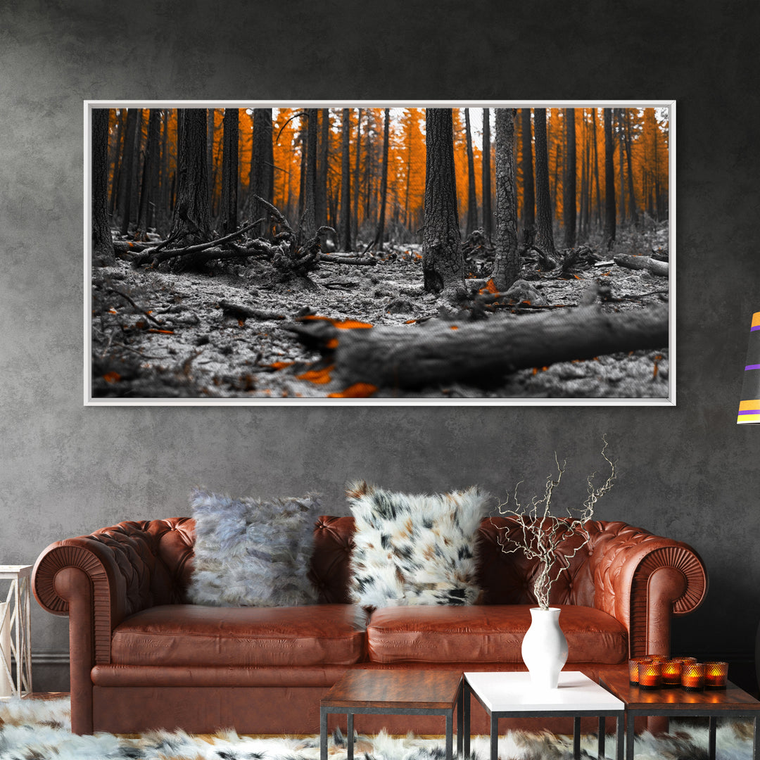 Autumn Forest Floor, Orange Leaves, Fall Nature Scene, Canvas Print, Rustic Wall Art, Cabin Decor, Moody Landscape Framed Canvas Print