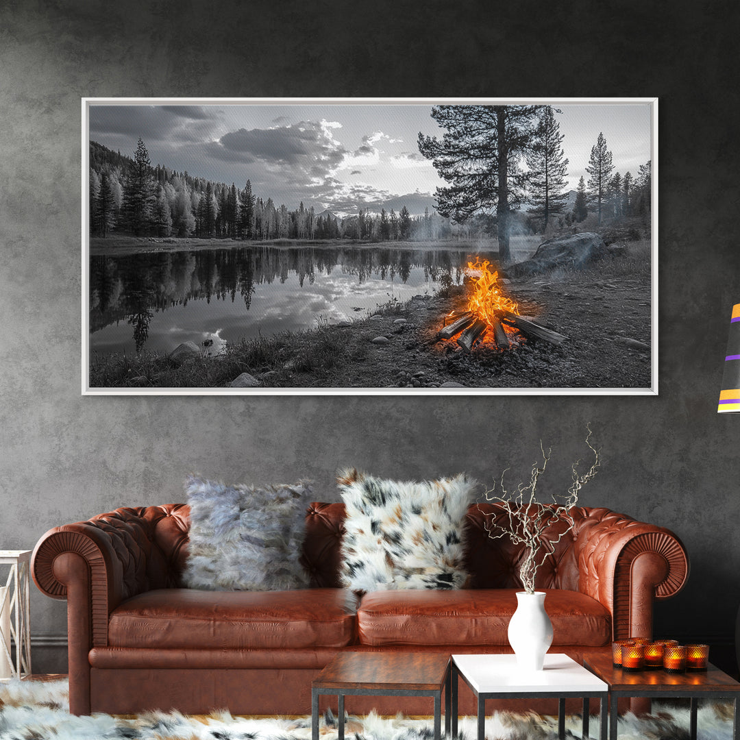 Campfire Sunset, Lake Reflections, Wilderness Escape, Nature Serenity, Framed Canvas Print, Rustic Decor, Autumn Wall Art, Living Room