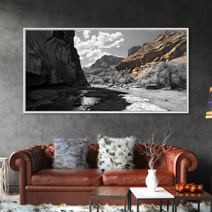 Desert Canyon, River Shadows, Rock Formations, Wild Terrain, Framed Canvas Print, Nature Wall Art, Earth Tone Decor, Living Room Style