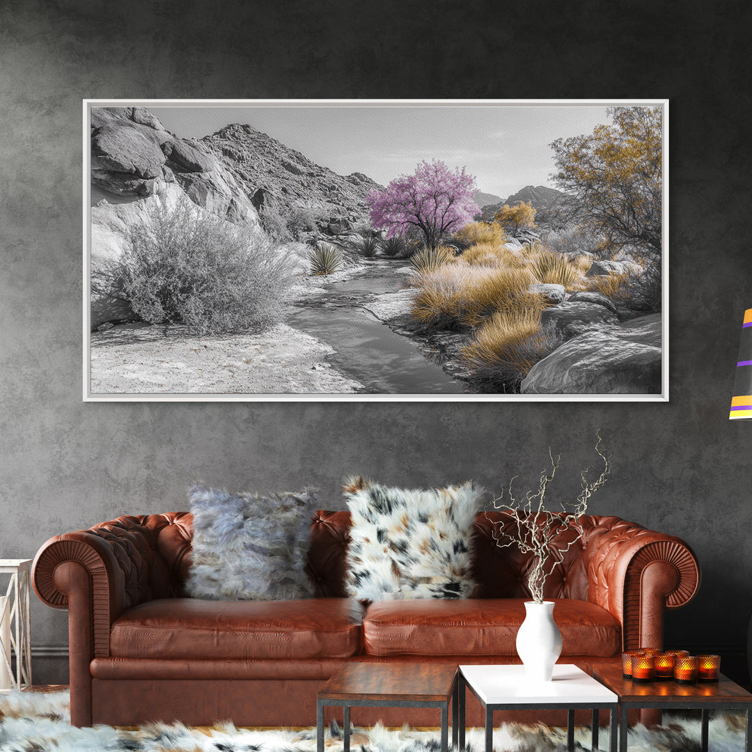 Desert Bloom, Surreal Landscape, Pink Tree, Earthy Desert Colors, Framed Canvas Print, Boho Living Room Wall Art, Southwestern Nature Scene
