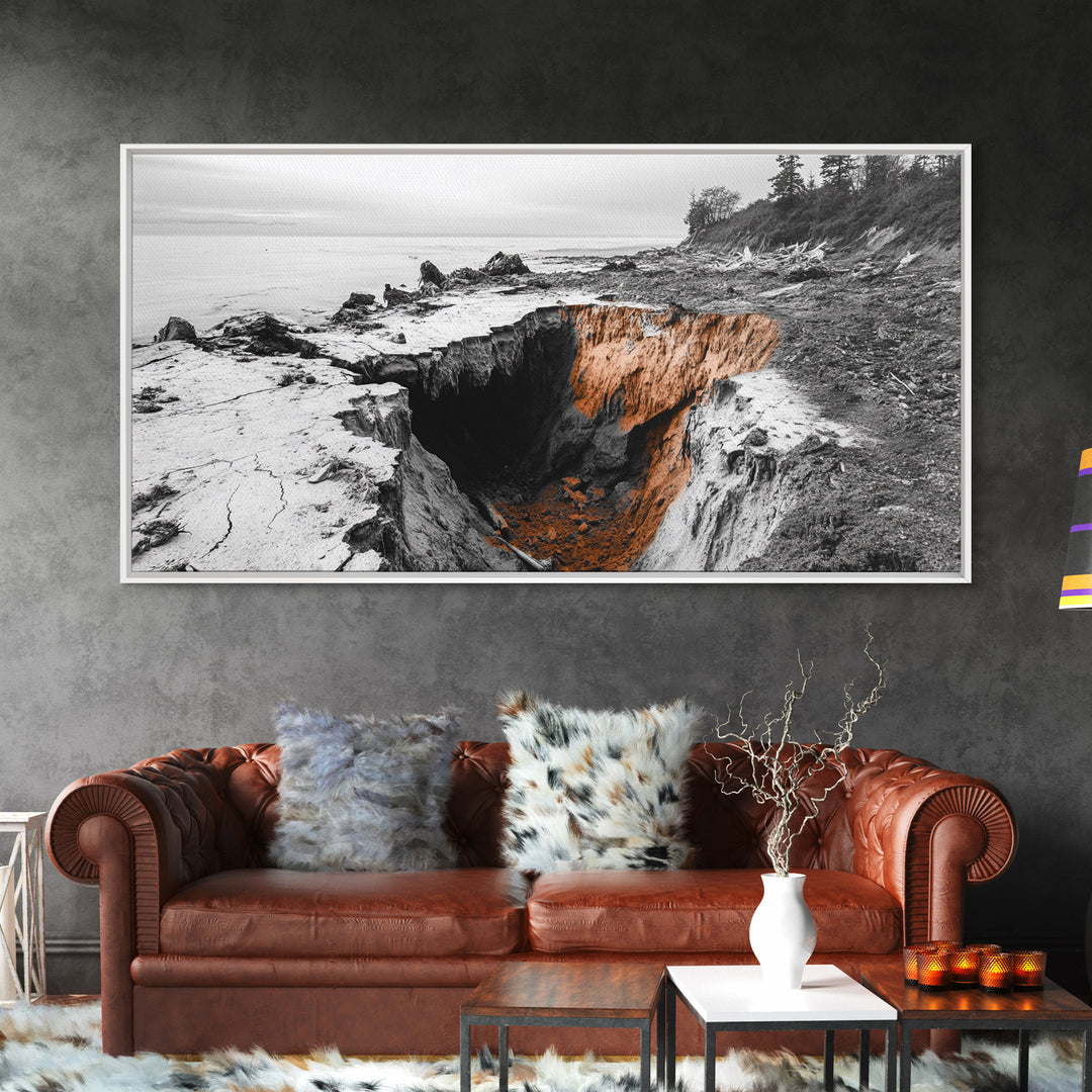 Coastal Cliff, Erosion Edge, Rugged Shoreline, Ocean Mystery, Framed Canvas Print, Modern Nature Wall Art, Earthy Office Decor, Beach Mood
