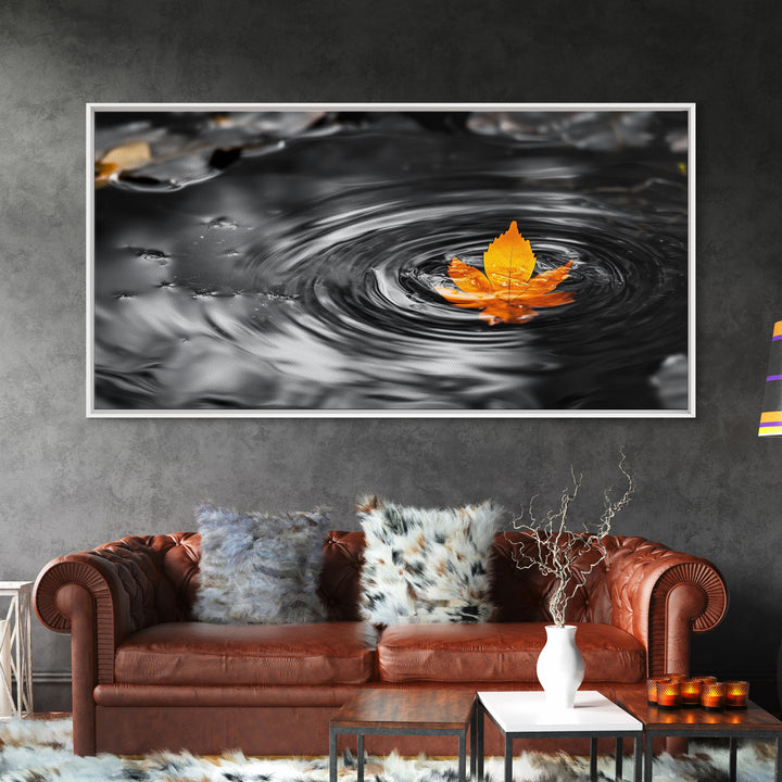Autumn Leaf Ripple, Nature Zen Moment, Framed Canvas Print, Fall Wall Decor, Minimalist Art, Bathroom or Spa Wall Art, Peaceful Vibe