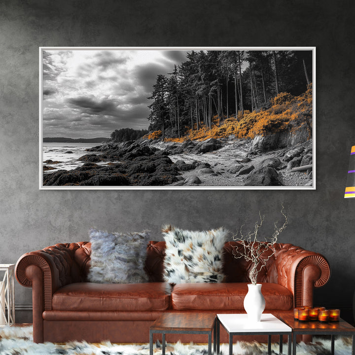 Autumn Coastline, Orange Forest Edge, Framed Canvas Print, Coastal Nature Art, Fall Wall Decor, Rustic Living Room Style, Moody Sky