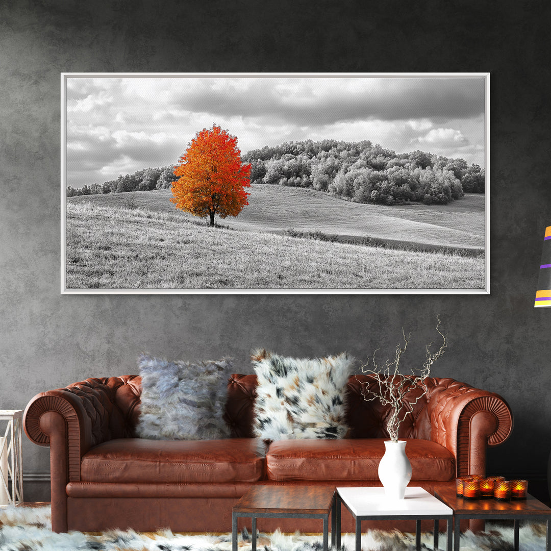 Autumn Tree, Rolling Hills, Minimalist Landscape, Fall Decor, Framed Canvas Print, Office Wall Art, Vibrant Red Orange Tree Scene