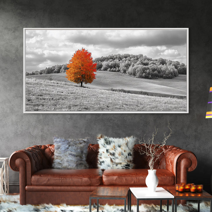 Autumn Tree, Rolling Hills, Minimalist Landscape, Fall Decor, Framed Canvas Print, Office Wall Art, Vibrant Red Orange Tree Scene