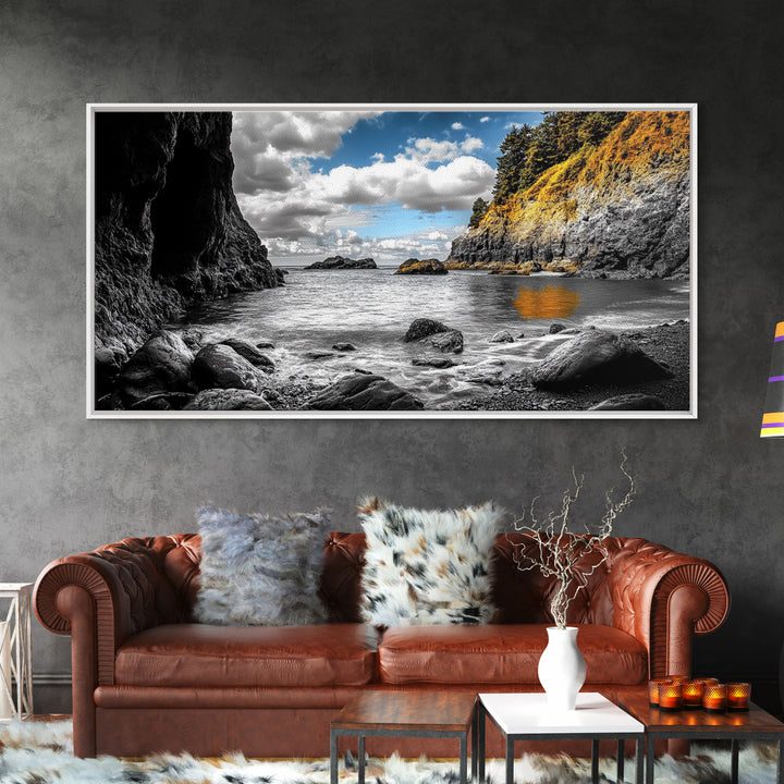 Rocky Cove, Coastal Escape, Golden Hillside, Ocean View, Canvas Print boho coastal art, fall themed decor, living room wall piece