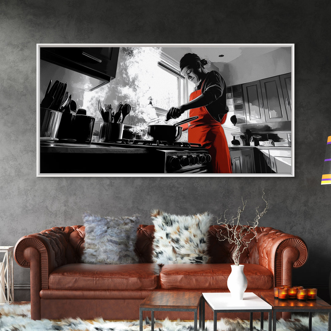 Bold Cooking Moment, Artistic Kitchen Scene, Red Apron Chef, Steam and Light, Framed Canvas Print, Kitchen Wall Art, Modern Pop Style
