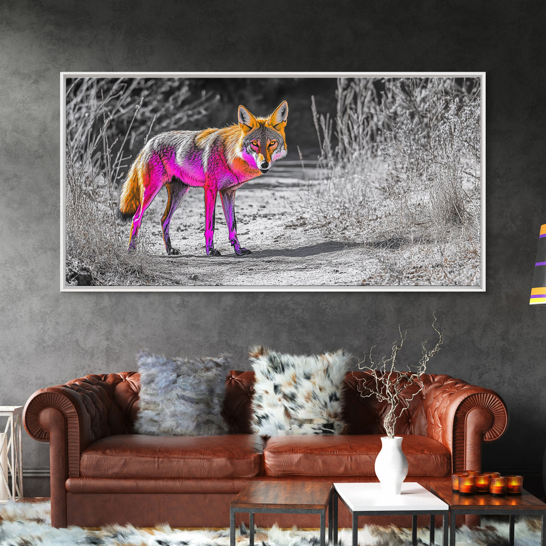 Neon Fox Portrait, Vibrant Wildlife Path Scene, Bright Nature Animal, Framed Canvas Print, Bedroom Wall Art, Psychedelic Animal Style
