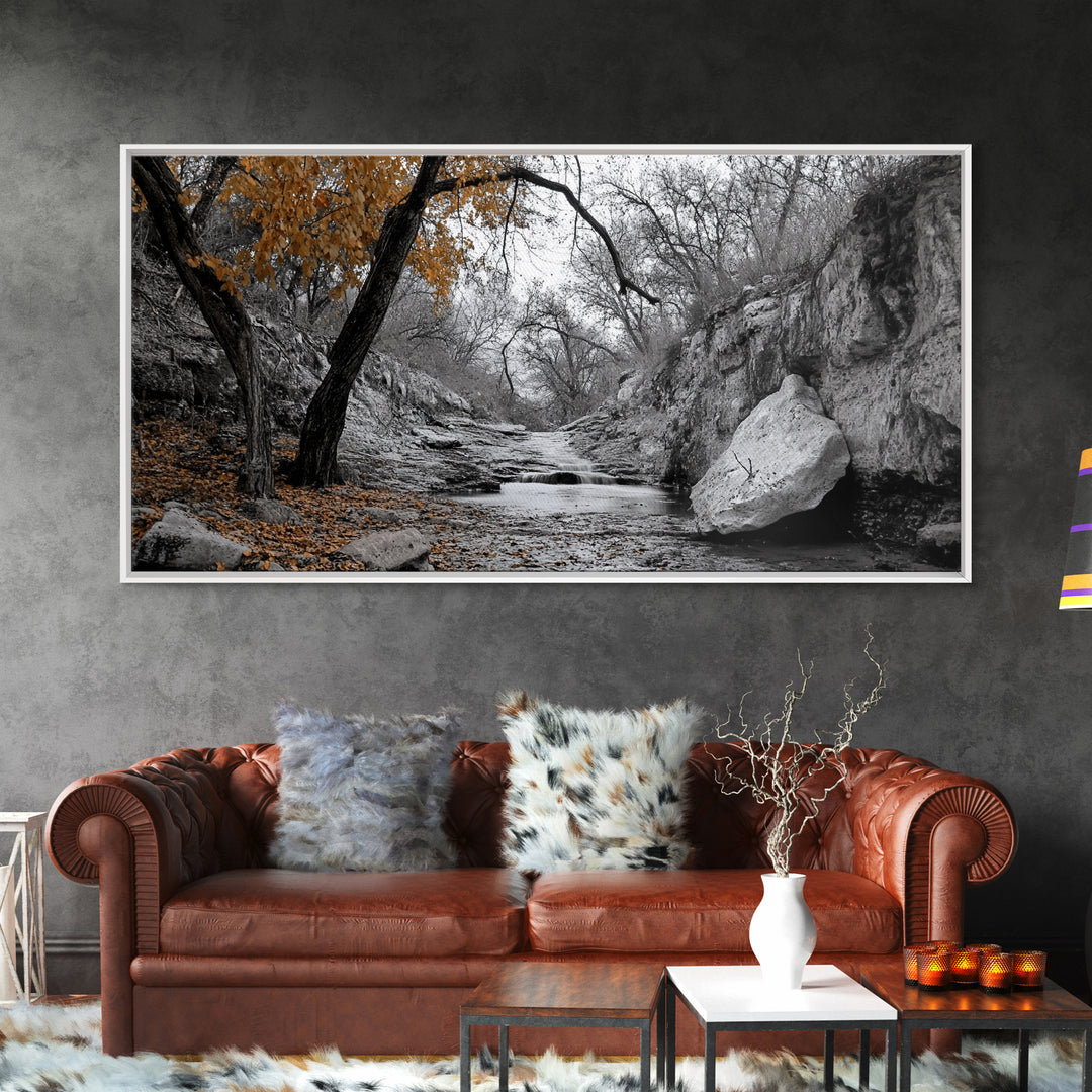 Autumn Stream, Orange Leaves, Waterfall Path, Framed Canvas Print, Fall Wall Art, Rustic Living Room Decor, Seasonal Nature Photography