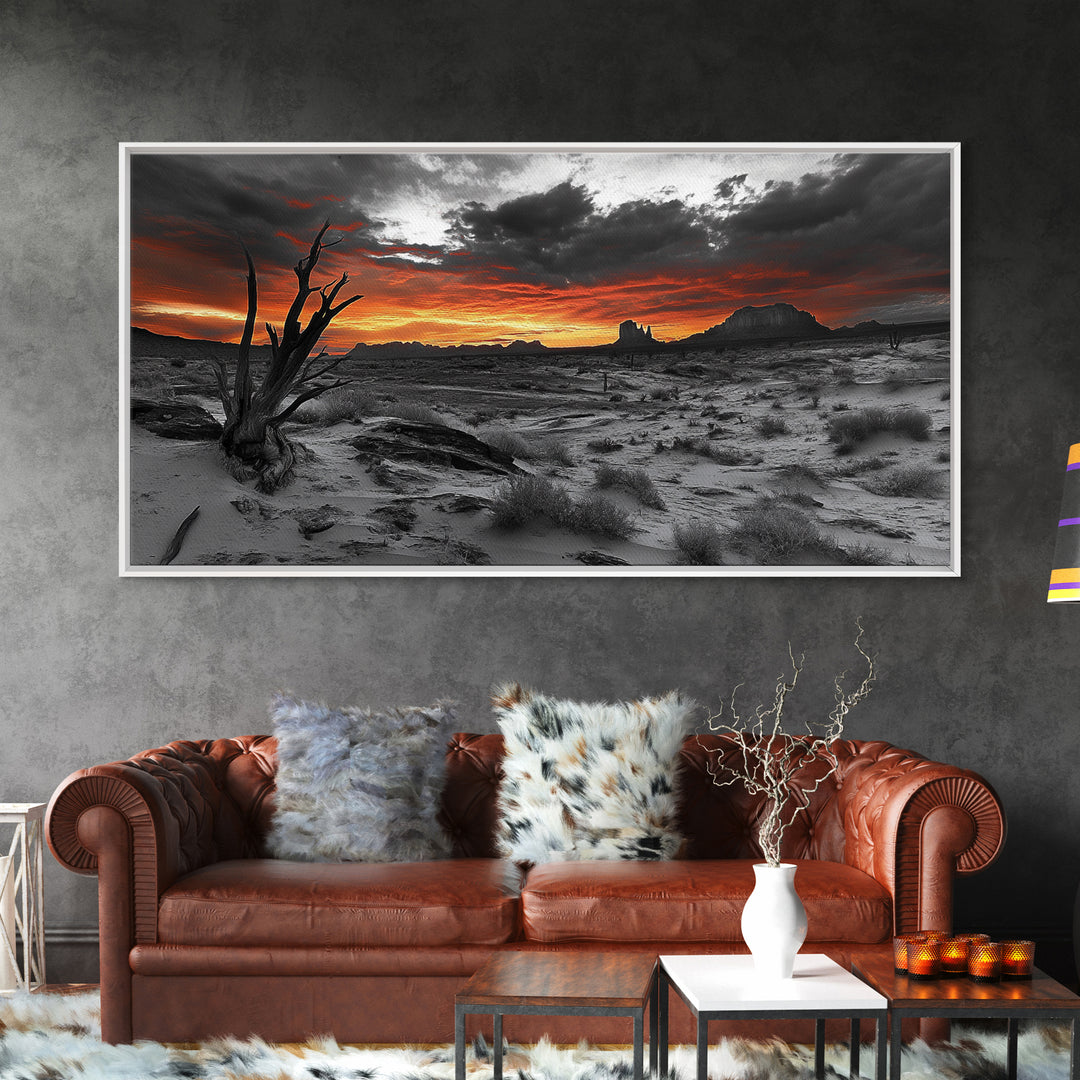 Desert Sunset, Red Sky, Monochrome Sand, Framed Canvas Print, Southwest Wall Art, Boho Bedroom Decor, Dramatic Nature Photography
