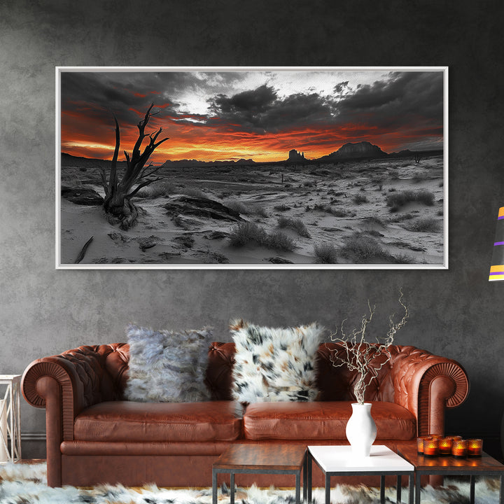 Desert Sunset, Red Sky, Monochrome Sand, Framed Canvas Print, Southwest Wall Art, Boho Bedroom Decor, Dramatic Nature Photography
