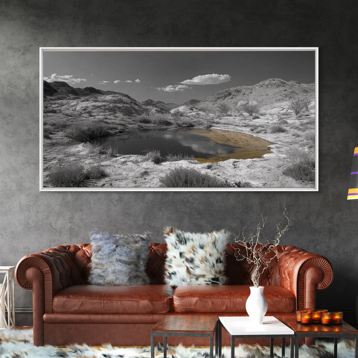 Desert Pool, Yellow Reflection, Desert Hills, Framed Canvas Print, Minimalist Nature Art, Neutral Home Decor, Modern Office Wall Art