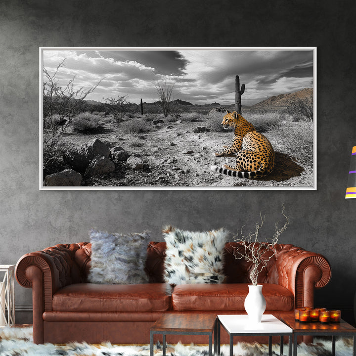 Cheetah Desert, Wild Cat, Monochrome Landscape, Framed Canvas Print, Safari Wall Art, Animal Lover Decor, Masculine Office Artwork