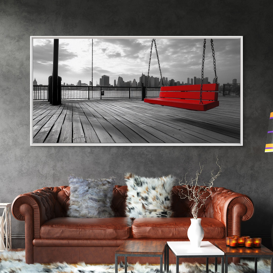 Red Swing, Skyline View, Urban Romance, Canvas Print, Cityscape Wall Art, Modern Minimalist Decor, Contemporary Bedroom Accent