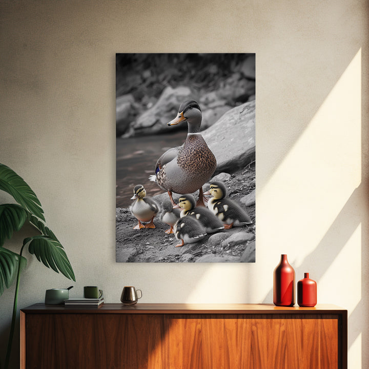 Duck Family, Nature Wildlife, Adorable Ducklings, Framed Canvas Print, Nursery Animal Wall Art, Cozy Farmhouse Decor, Fall Art Print