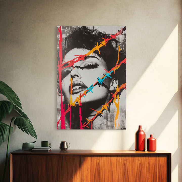 Neon Barbed Beauty, Graffiti Glam, Bold Portrait, Framed Canvas Print, Urban Wall Art, Edgy Bedroom Decor, Pop Art Style Statement