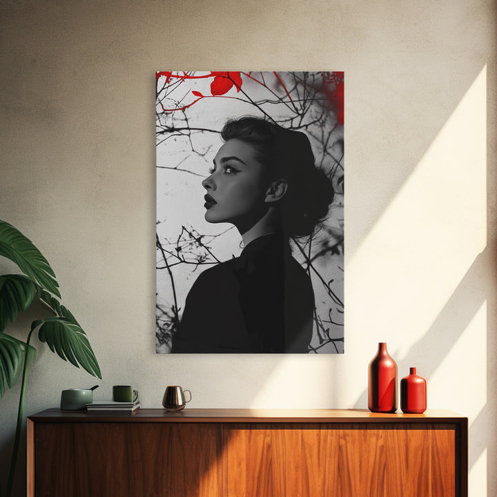 Noir Beauty, Red Accent Leaves, Dramatic Woman Profile, Framed Canvas Print, Glamour Wall Art, Gothic Bedroom Decor, Monochrome Style