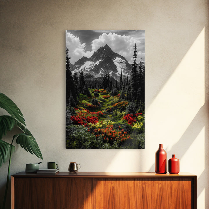 Mountain Flowers, Nature Trail, Alpine Beauty, Evergreen Path, Framed Canvas Print, Landscape Photography, Cabin Wall Art, Nature Decor
