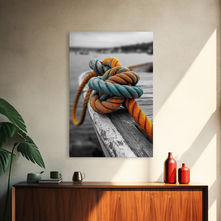 Nautical Rope, Boat Knot, Harbor Texture, Rustic Detail, Framed Canvas Print, Coastal Kitchen Art, Marine Decor, Boho Nautical Style