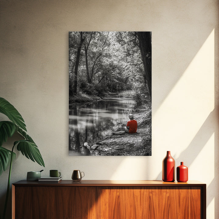 Boy Fishing, River Calm, Peaceful Moment, Nature Scene, Framed Canvas Print, Cabin Wall Art, Woodland Fall Decor, Tranquil Vibe