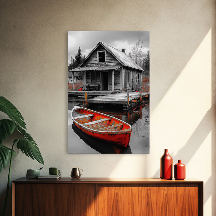 Cabin Reflection, Rustic Rowboat, Autumn Red, Lake Dock, Canvas Print, Fall Wall Art, Country Home Decor, Rustic Landscape, Lodge Style Art