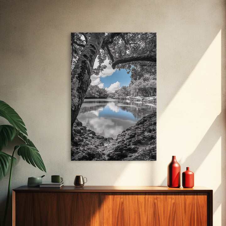 Blue Sky River, Tropical Trees, Natural Tranquility, Framed Canvas Print, Relaxing Bedroom Wall Art, Coastal Nature, Serene Landscape Decor