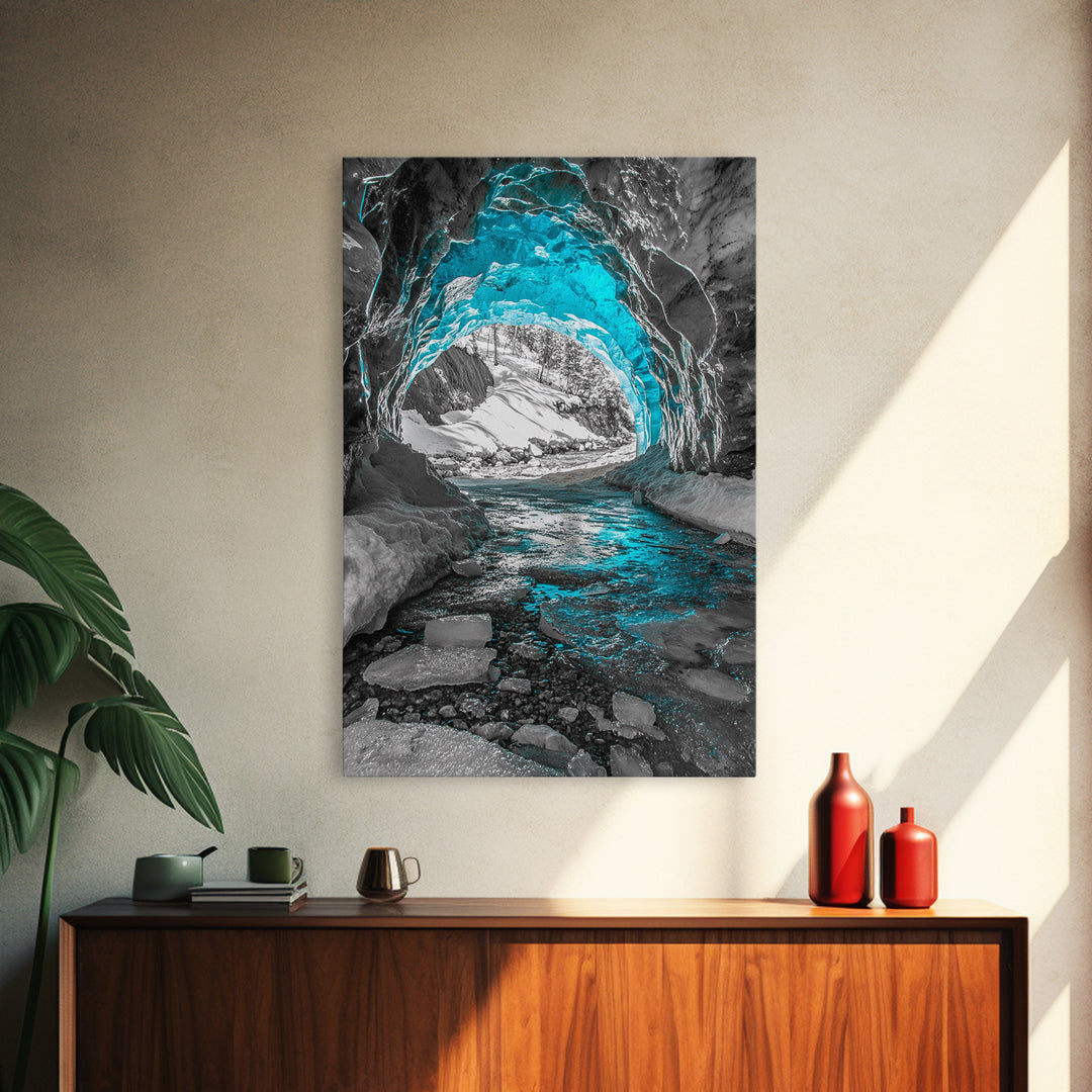 Blue Ice Cave, Winter Tunnel, Arctic Wonderland, Framed Canvas Print, Nature Wall Art, Minimalist Photography, Cool Tone Decor