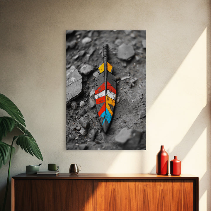 Tribal Feather, Painted Arrow, Rustic Stone Ground, Canvas Print, Boho Wall Art, Native Inspired Decor, Color Pop Rustic Style