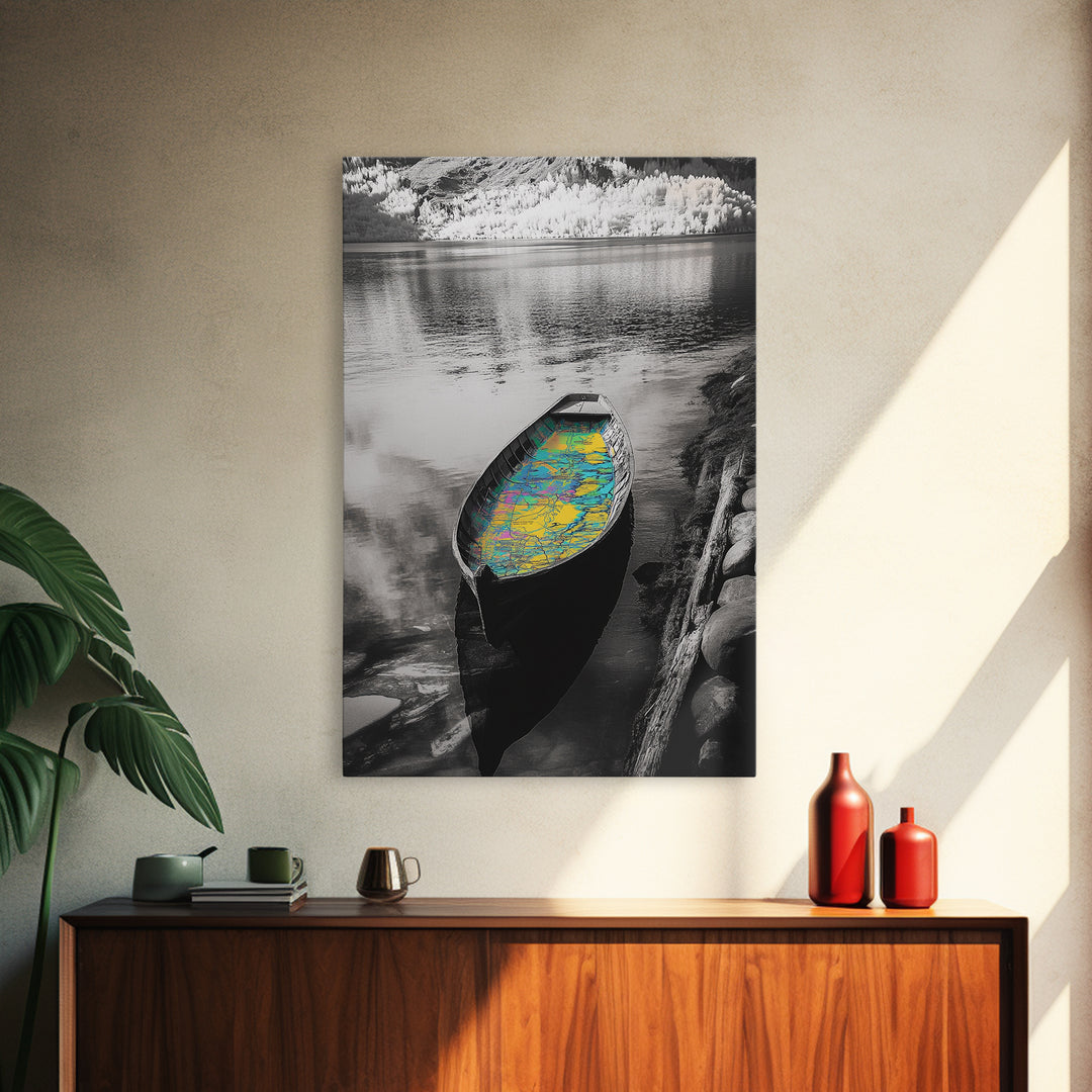 Rowboat Map Interior, Lake Reflections, Artistic Travel Theme, Canvas Print, Cabin Wall Art, Unique Lake House Decor, Explorer Style