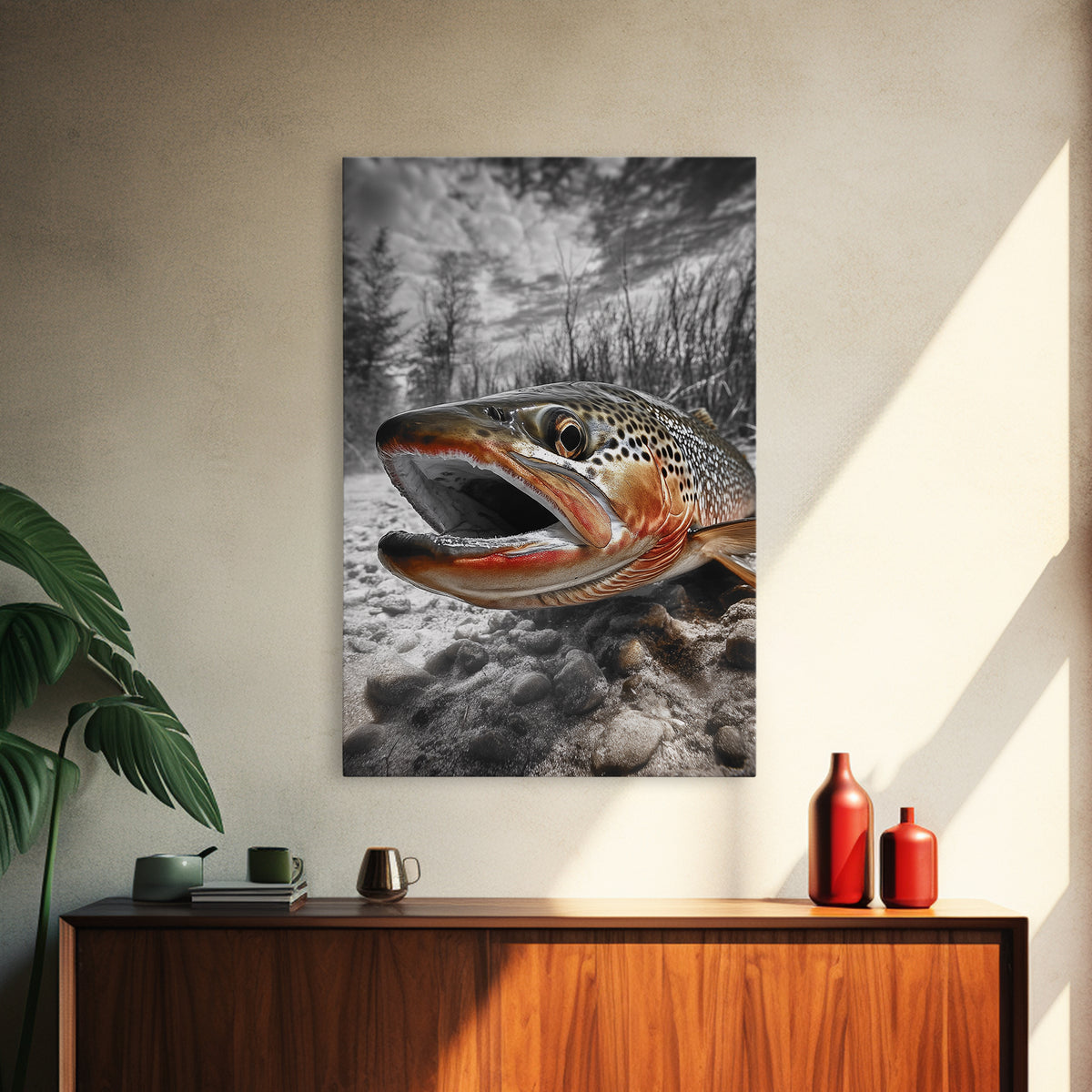 Brown Trout Closeup, Riverbed Focus, Dramatic Fish Art, Framed Canvas Print, Fisherman Gift, Cabin Wall Art, Rustic Outdoor Decor