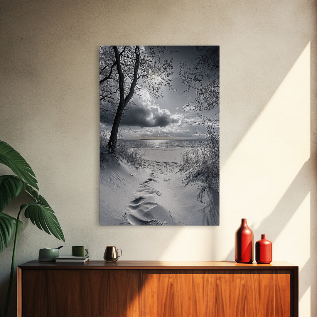 Beach Dunes Sunset, Seaside Escape, Quiet Shore Path, Coastal Calm, Framed Canvas Print, neutral coastal art,  bathroom wall decor