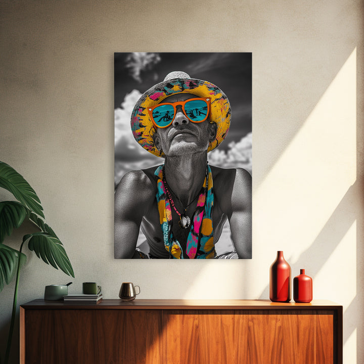 Beach Guy Portrait, Summer Sunglasses, Boho Vibe, Framed Canvas Print, Surf Shack Decor, Eclectic Wall Art, Travel Inspired Design