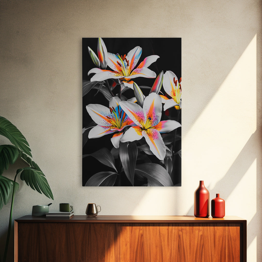 Neon Lily, Floral Bloom, Vibrant Flower, Botanical Framed Canvas Print, Color Pop Wall Art, Bedroom Floral Art, Bold Nature Decor